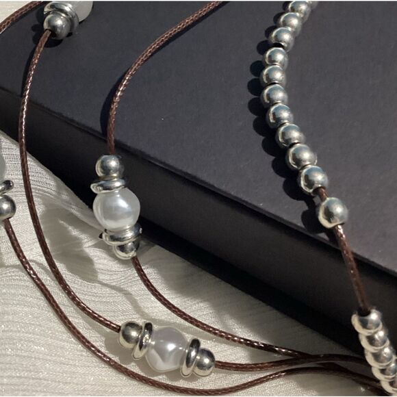 Boho Style Pearl Bead Brown Cord Layered Necklace with Statement Ring Accent - Picture 14 of 16